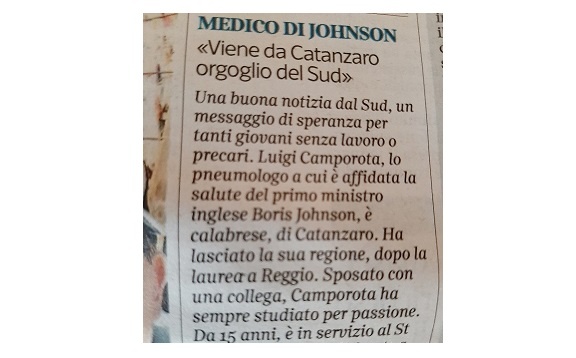 Il Corriere della Sera si occupa del medico Luigi Camporota di Catanzaro che cura Boris Jonhson