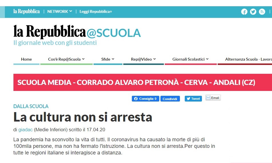L’I.C. Corrado Alvaro di Petronà va a scuola di giornalismo: tra i più attivi sulla piattaforma “la Repubblica@SCUOLA”