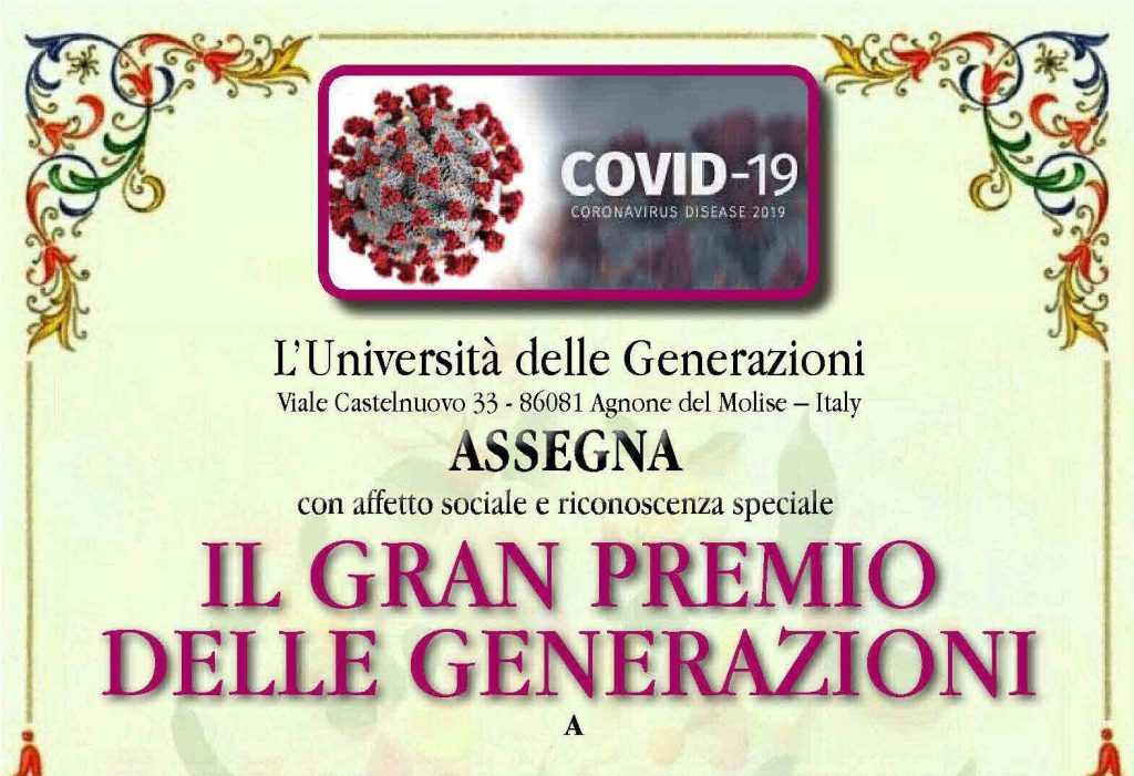 Assegnato il “Gran Premio delle Generazioni” per l’anno 2020 a tutti i combattenti anti-Covid-19 del mondo