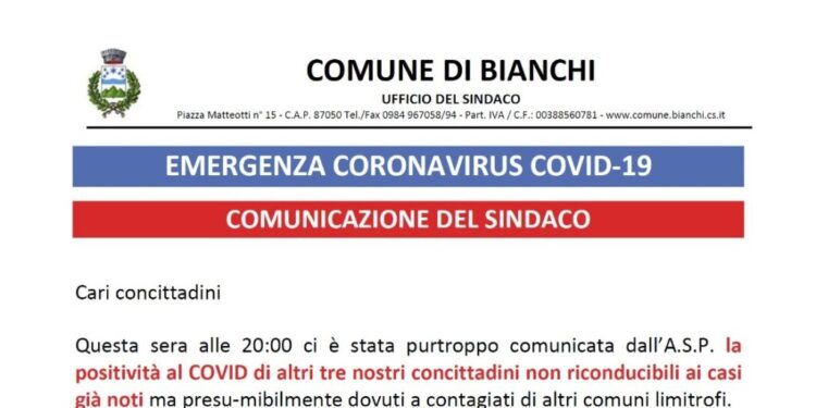 Comune di Bianchi, tre cittadini positivi al Covid non riconducibili ai casi già noti