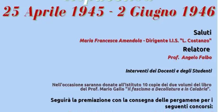 Martedì 2 maggio giornata celebrativa all’IIS Costanzo