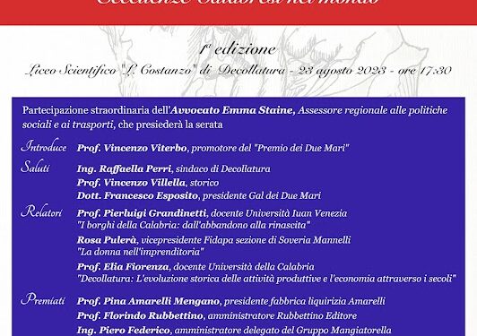 Decollatura, il 23 agosto il “Premio Due Mari”
