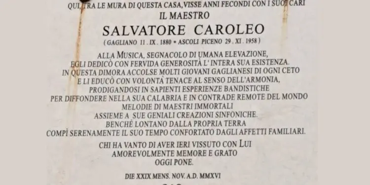 Il Maestro Musicista Salvatore Caroleo Senior (Gagliano 1880/Ascoli Piceno 1958)