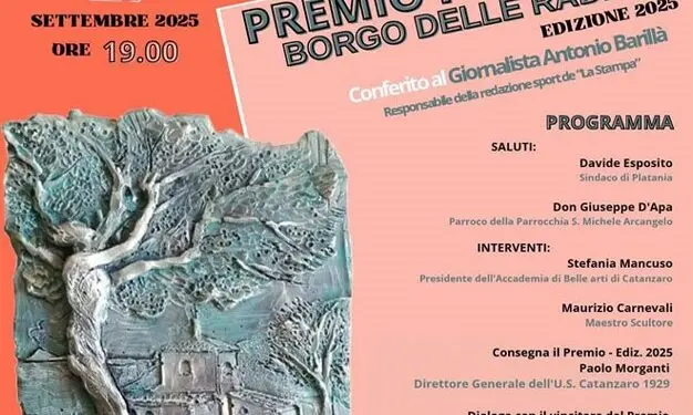 Sabato 27 settembre a Platania la cerimonia di conferimento del Premio Platania - Borgo delle Radici 2025