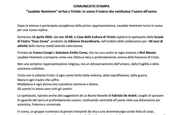 “Laudate Hominem” arriva a Tiriolo: in scena il teatro che restituisce l’uomo all’uomo