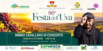 Festa dell’Uva a Germaneto di Catanzaro venerdì 23, 24 e 25 ottobre 2026: degustazioni vini e morzello, vendemmia, concerti dei Calavox e di Cavallaro, teatro, laboratori di tarantelle e tante risate. Ingresso gratuito.